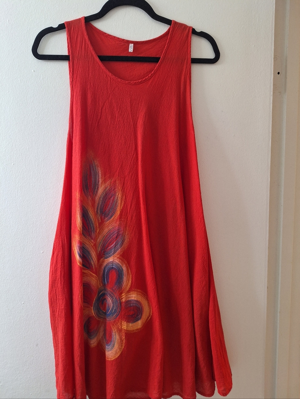 Red Sleeveless A-Line Tank Dress with Multicolor Whispy Print And Pocket